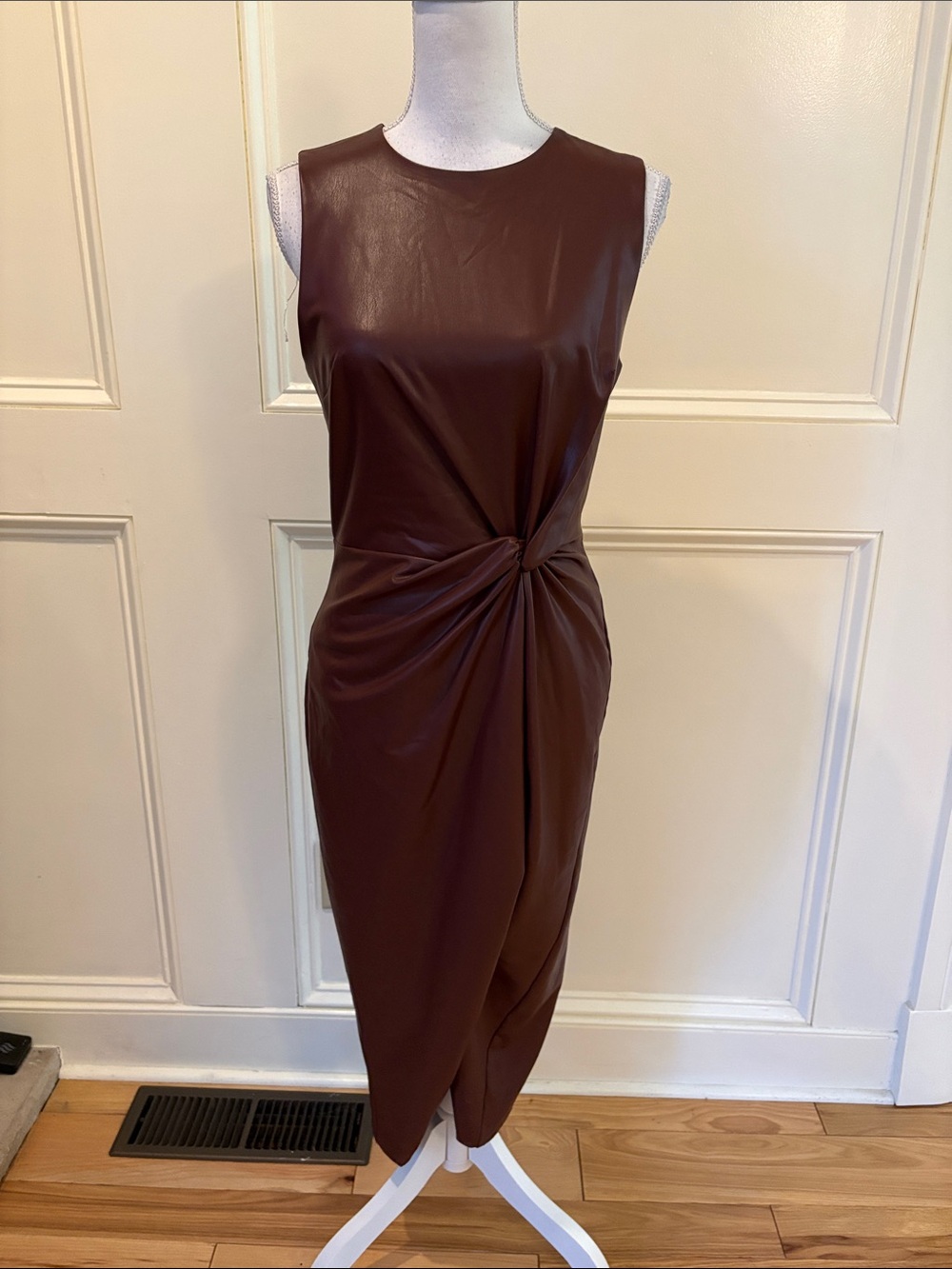 Express Sleeveless Faux-Leather Twist Midi Dress in Deep Brown